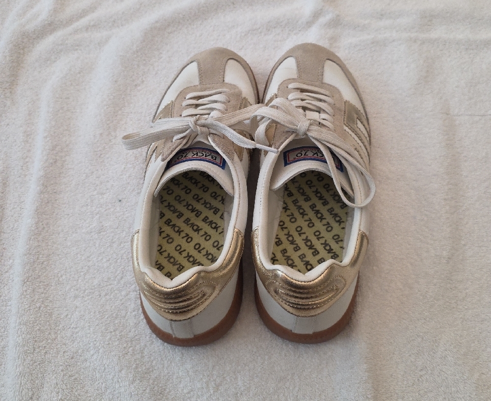 Back 70 Women's White & Taupe Lace-Up Sneakers with Metallic Gold Accent - Picture 2 of 8